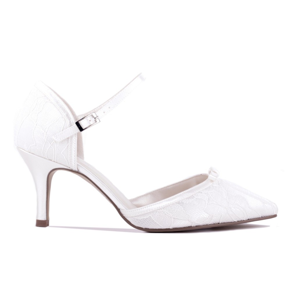Photograph of Paradox London Devotion Dyeable Ivory Lace Ankle Strap Wedding Shoes