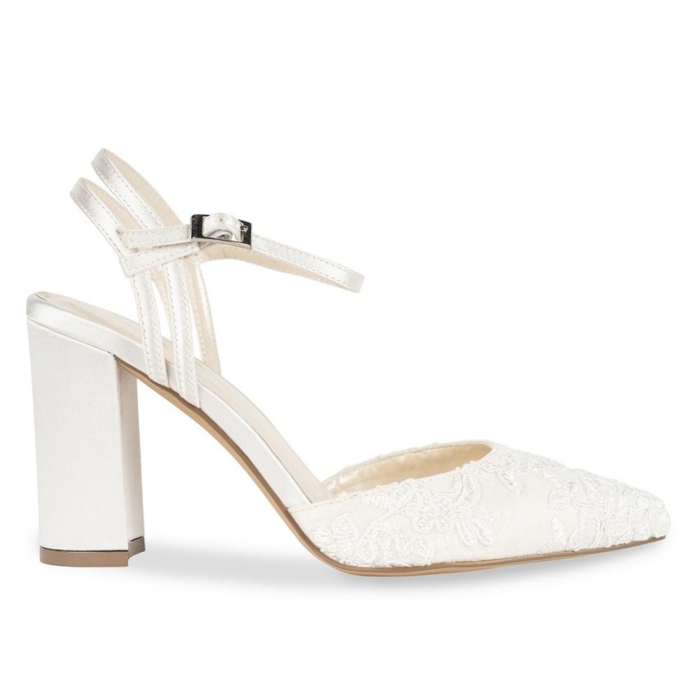 Photograph of Paradox London Fauna Ivory Satin and Lace Block Heel Court Shoes