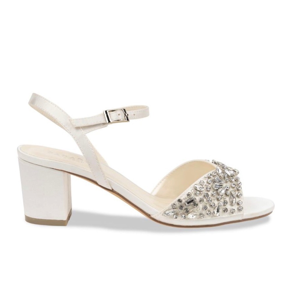 Photograph of Paradox London Holden Ivory Satin Embellished Wide Fit Block Heel Sandals