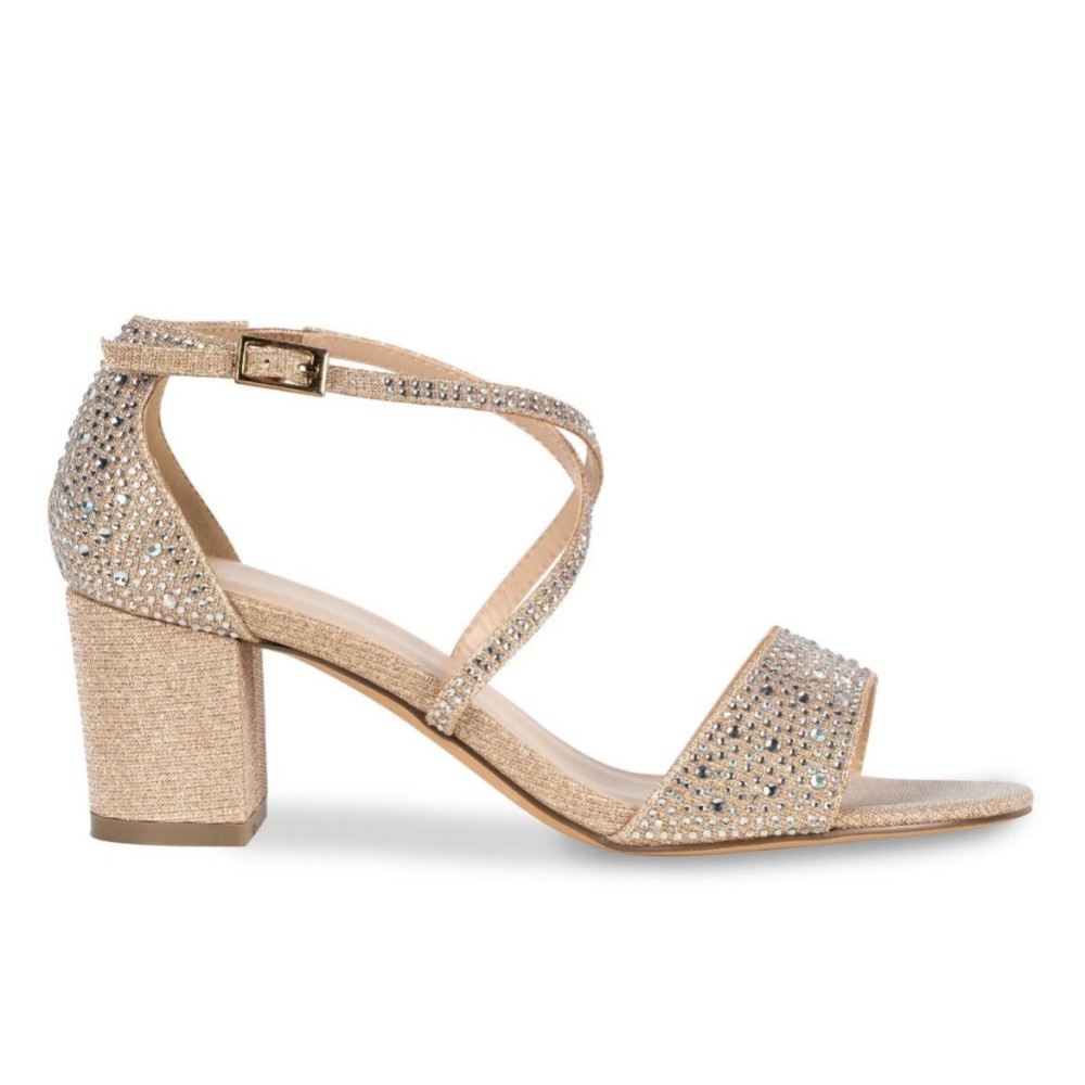 Paradox London Ines Champagne Glitter Diamante Low Block Heel Sandals