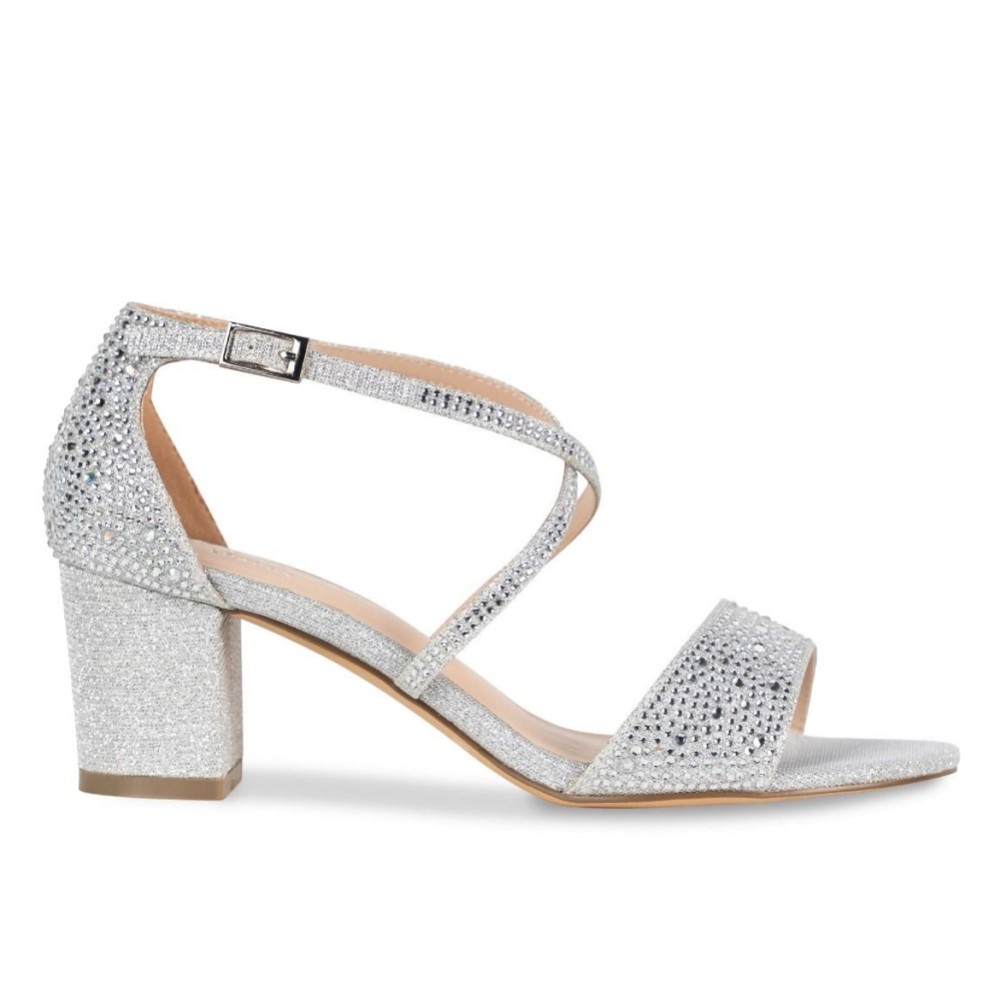 Photograph of Paradox London Ines Silver Glitter Diamante Low Block Heel Sandals