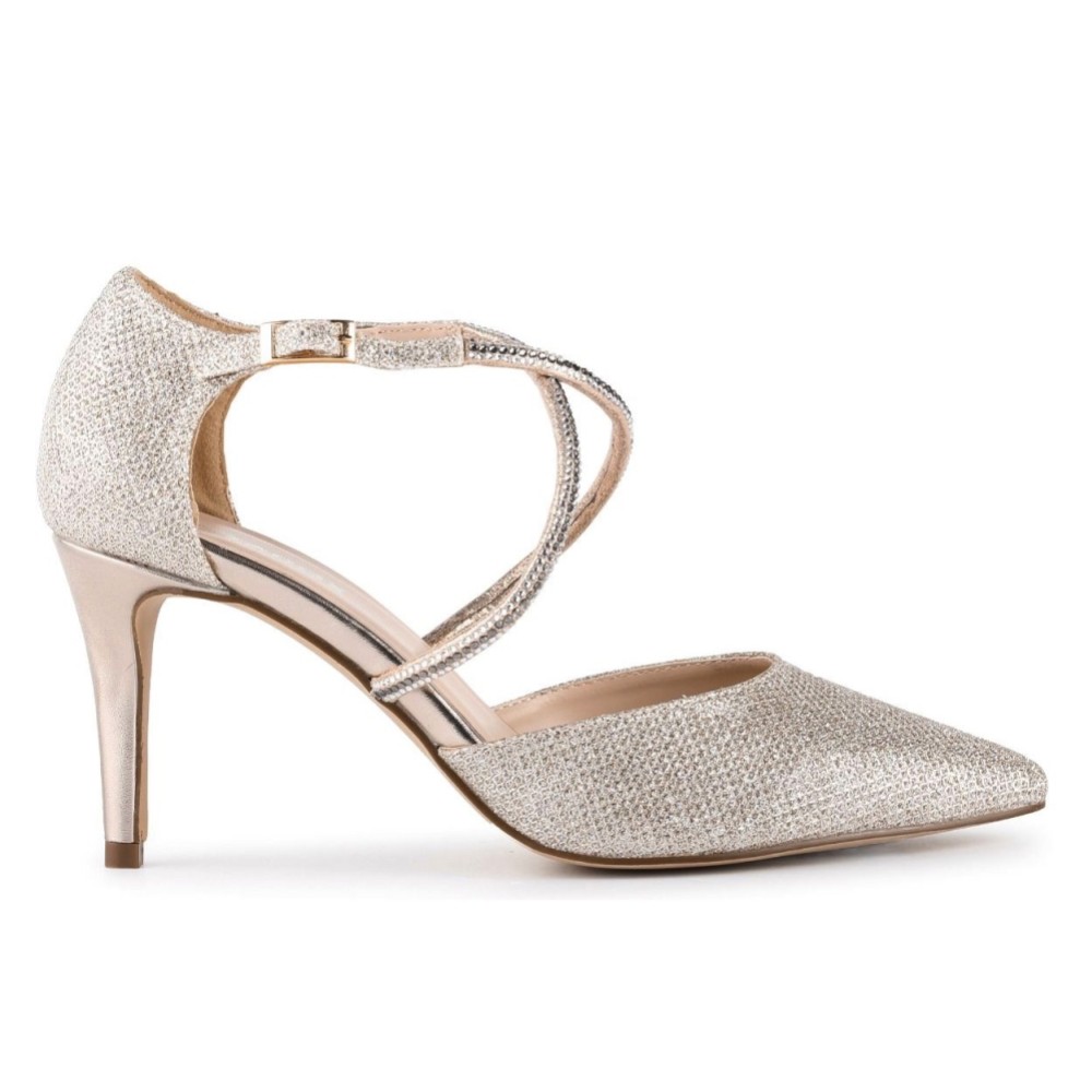 Photograph of Paradox London Kennedy Champagne Glitter Cross Strap Court Shoes