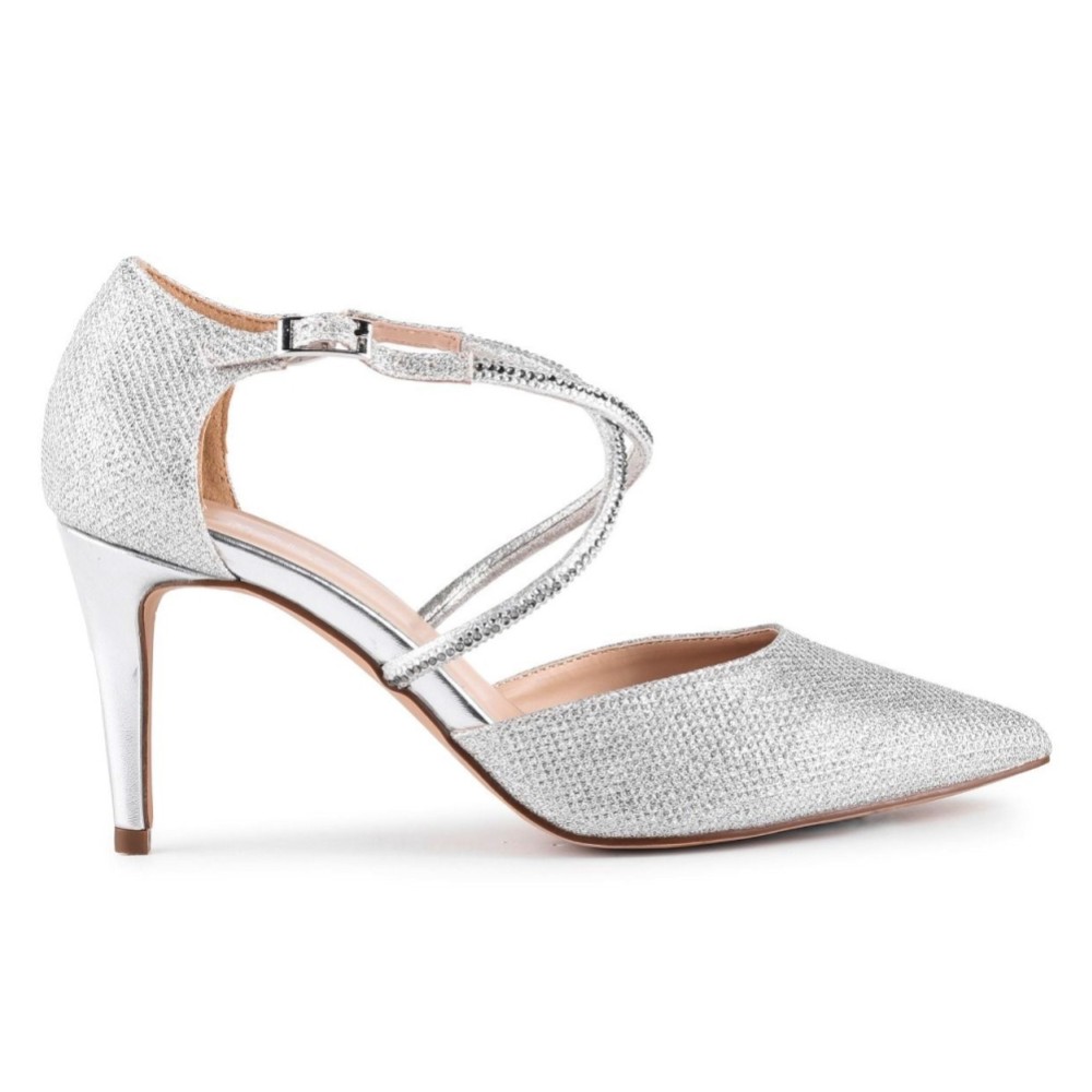 Photograph of Paradox London Kennedy Silver Glitter Cross Strap Court Shoes