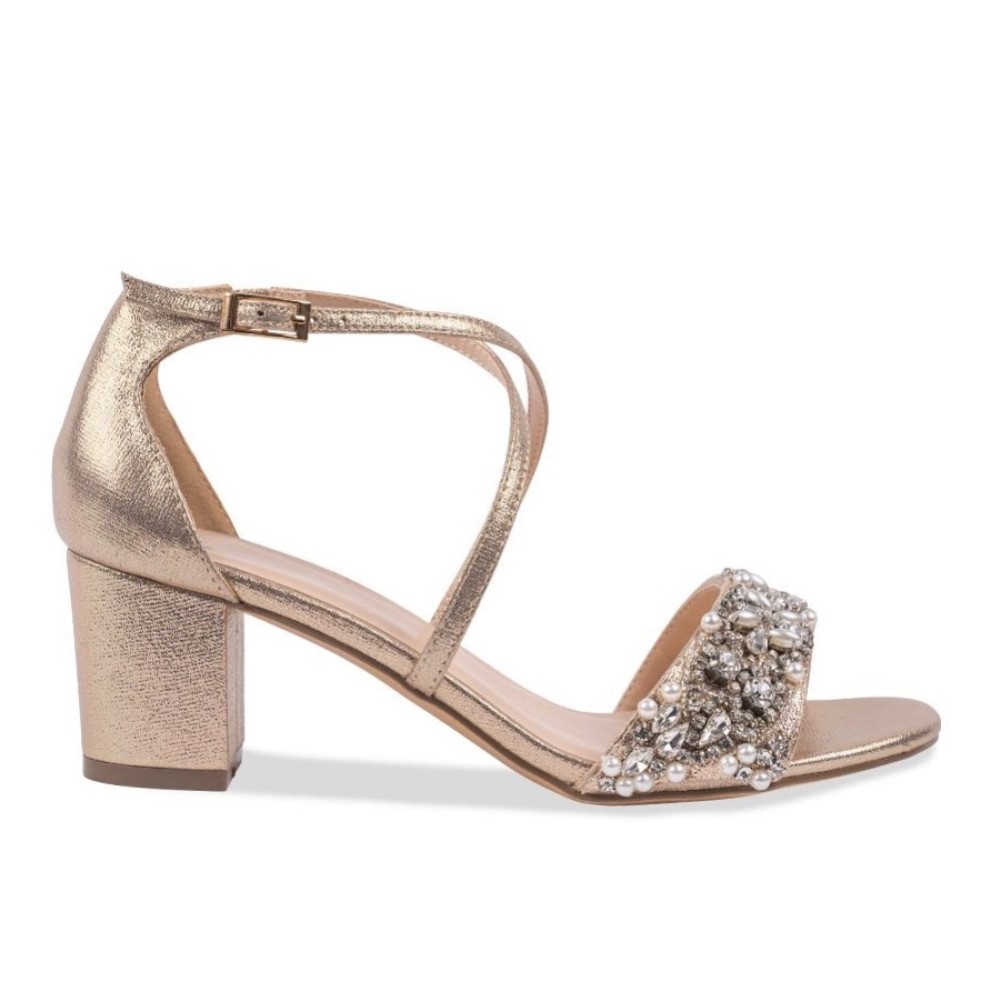 Photograph of Paradox London Maeve Champagne Shimmer Embellished Low Block Heel Sandals