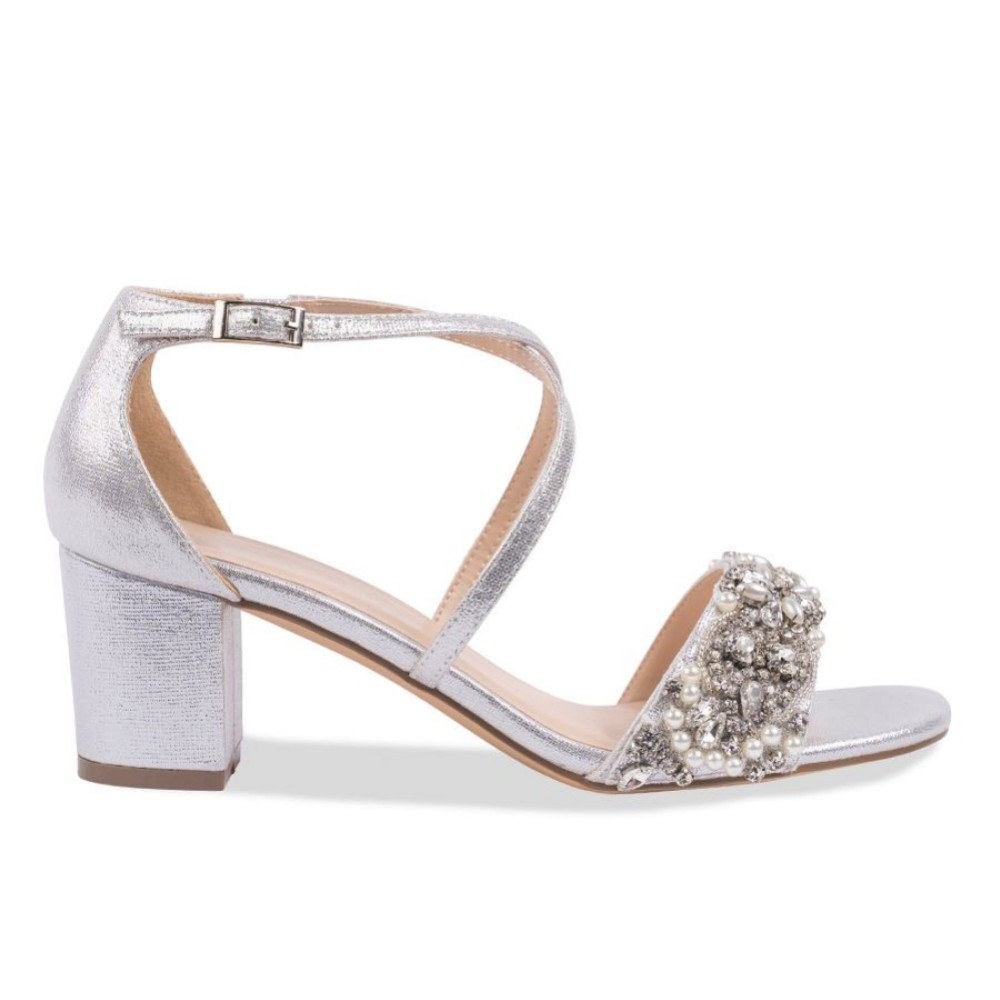 Photograph of Paradox London Maeve Silver Shimmer Embellished Low Block Heel Sandals