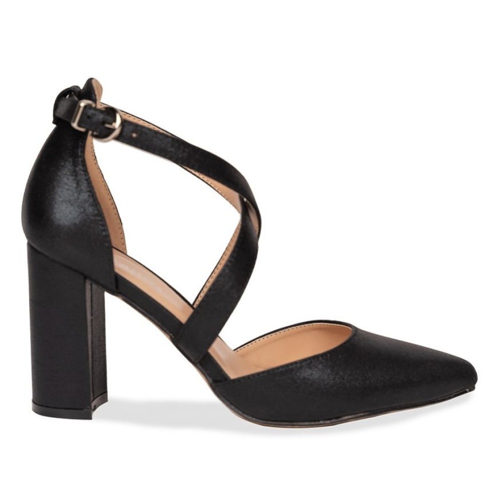 Photograph of Paradox London Rylee Black Shimmer Cross Strap Block Heel Court Shoes