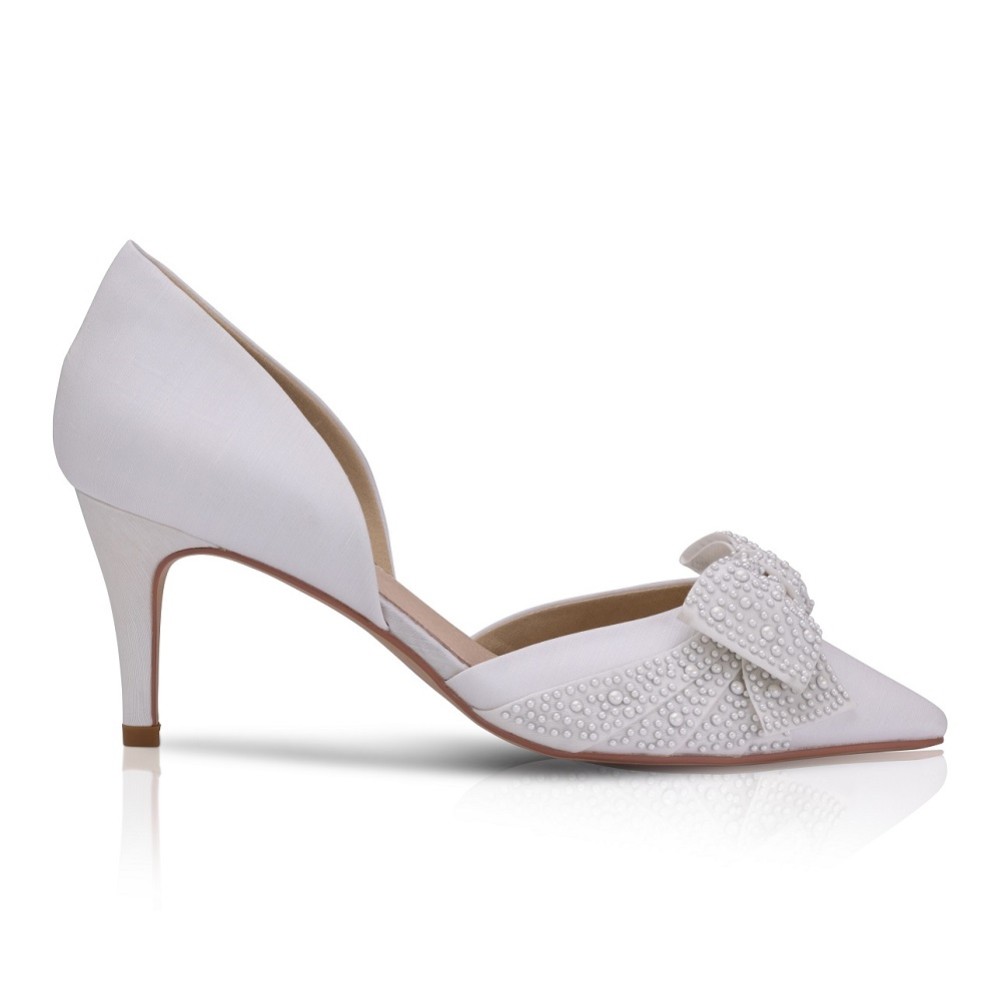 Photograph of Perfect Bridal Adele Ivory Satin Two Part Pointed Court Shoes with Pearl Bow