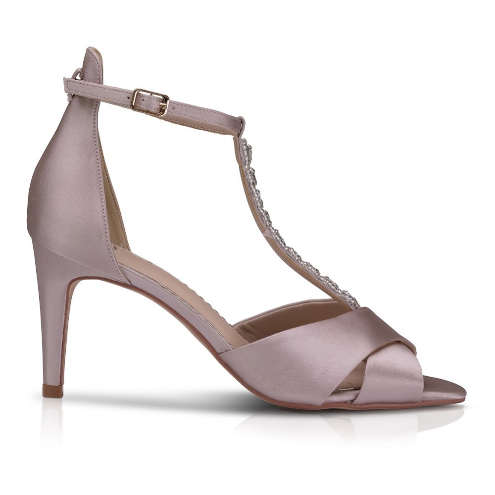 Photograph of Perfect Bridal Ali Taupe Satin Crystal Embellished T-Bar Sandals