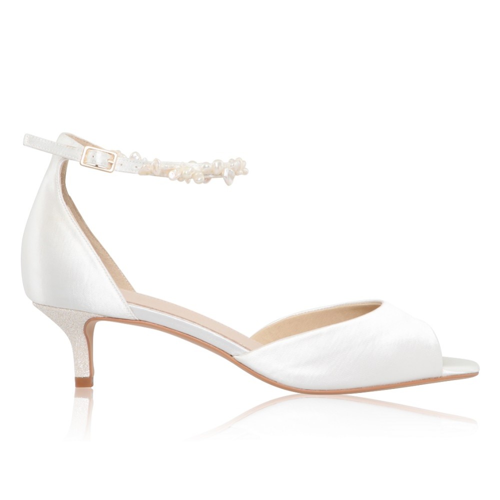 Photograph of Perfect Bridal Amber Dyeable Ivory Satin Kitten Heel Keshi Pearl Ankle Strap Sandals