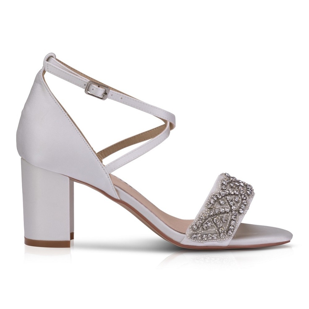 Photograph of Perfect Bridal Blair Ivory Satin Crystal Embellished Cross Strap Block Heel Sandals (Wide Fit)