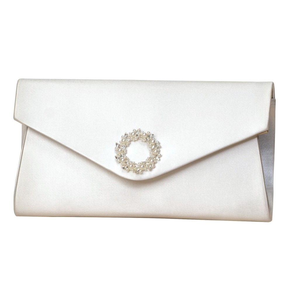 Photograph of Perfect Bridal Bridget Dyeable Ivory Satin Pearl Brooch Envelope Clutch Bag
