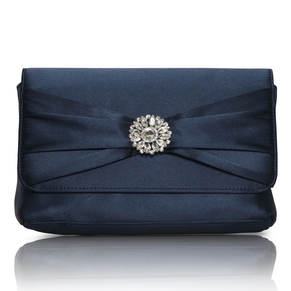 Photograph of Perfect Bridal Cerise Navy Satin Clutch Bag with Crystal Trim