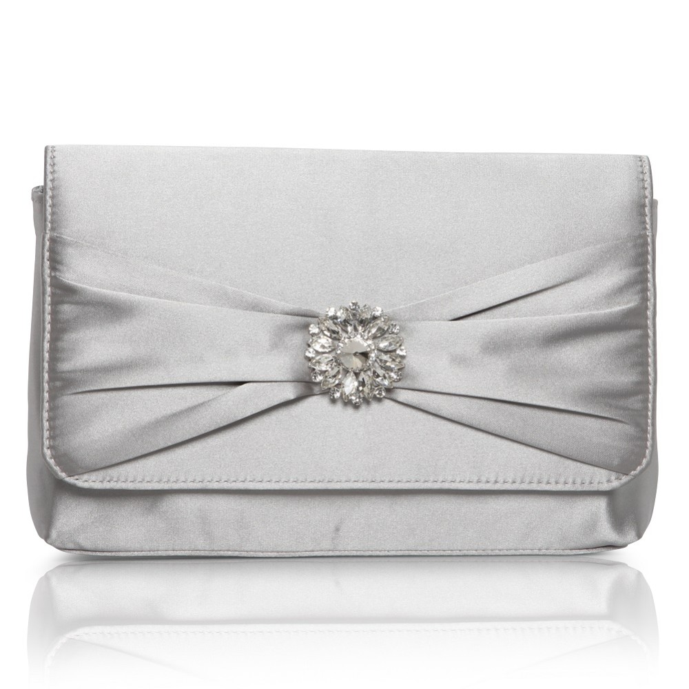 Photograph of Perfect Bridal Cerise Silver Satin Clutch Bag with Crystal Trim