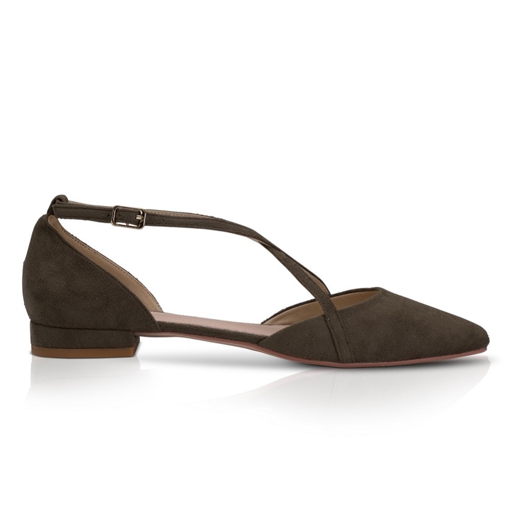 Photograph of Perfect Bridal Davina Olive Green Suede Cross Strap Pointed Ballet Flats