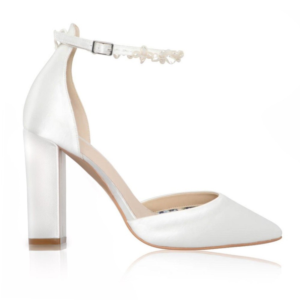 Perfect Bridal Ella Block Ivory Satin Keshi Pearl Ankle Strap Shoes