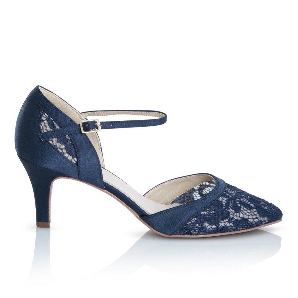 Photograph of Perfect Bridal Gwen Navy Lace and Satin Ankle Strap Court Shoes