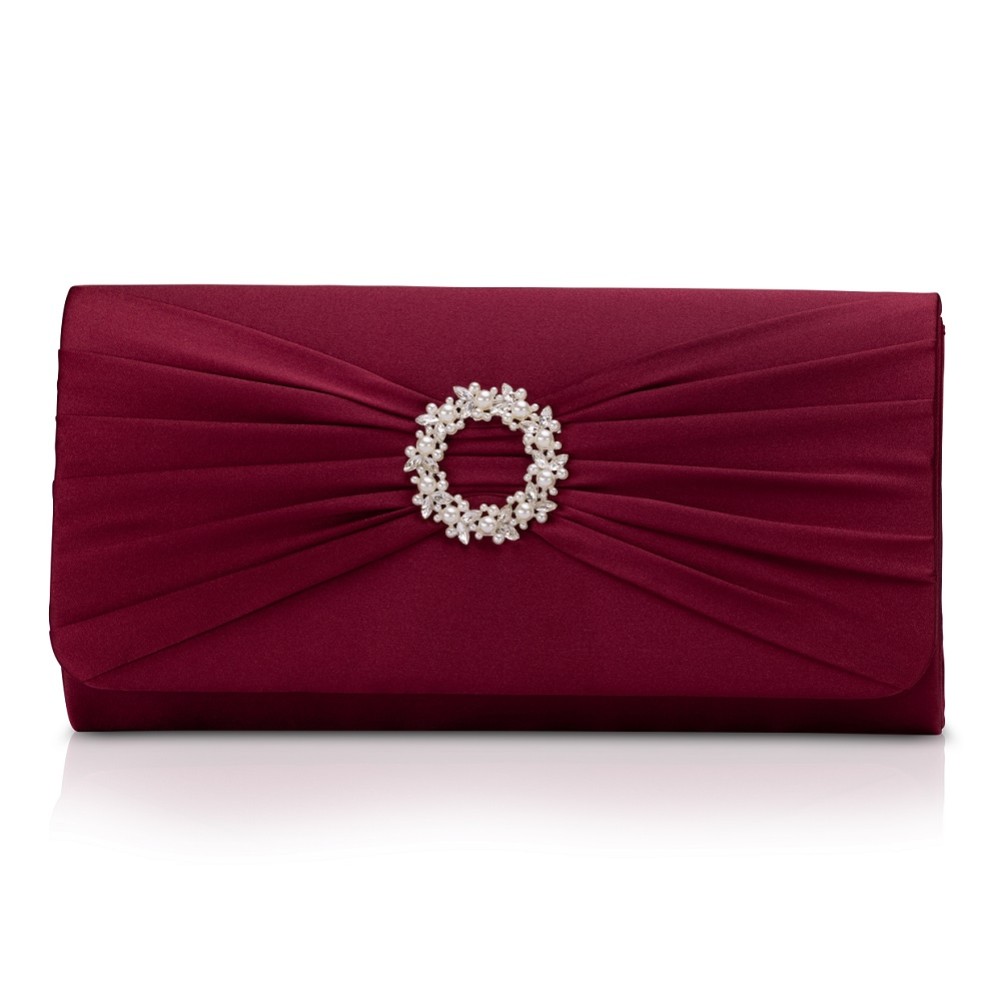Photograph of Perfect Bridal Harlow Berry Satin Pearl Brooch Clutch Bag