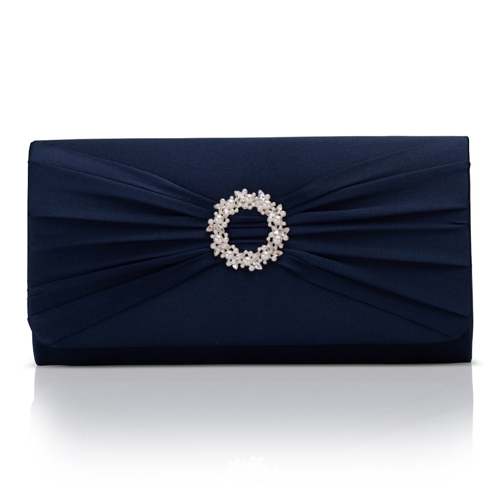 Photograph of Perfect Bridal Harlow Navy Satin Pearl Brooch Clutch Bag