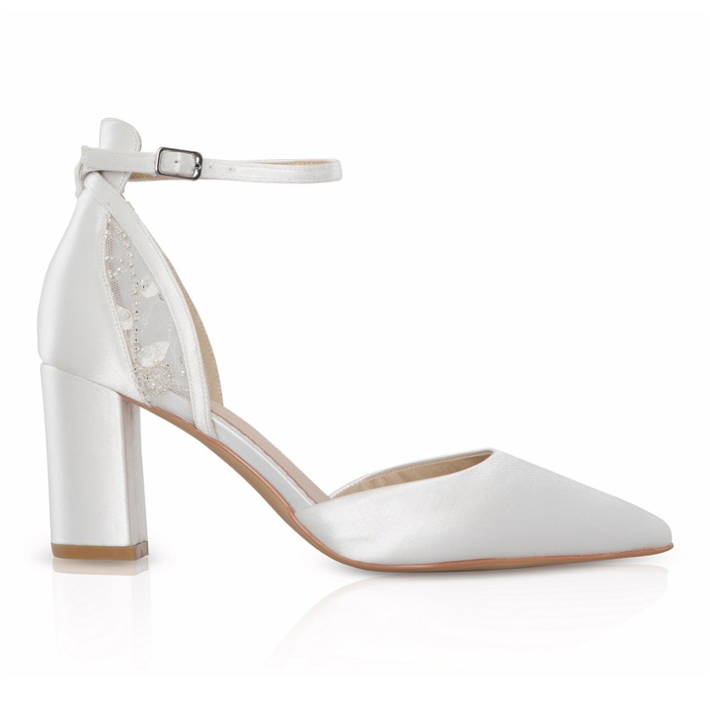 Photograph of Perfect Bridal Indi Dyeable Ivory Satin Block Heel Ankle Strap Court Shoes