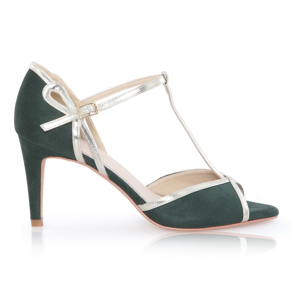 Photograph of Perfect Bridal Joanna Forest Green Suede and Gold T-Bar Shoes