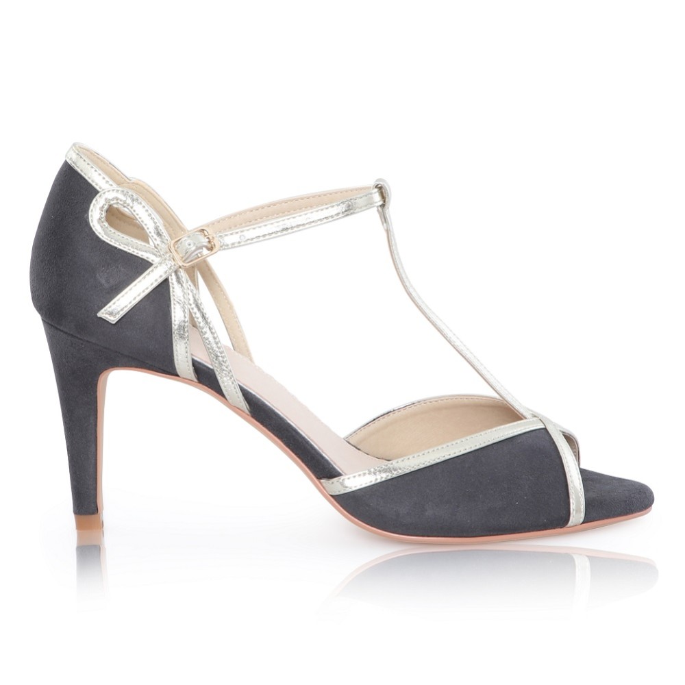 Photograph of Perfect Bridal Joanna Slate Grey Suede and Gold T-Bar Shoes