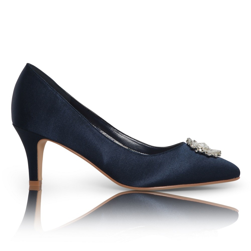 Photograph of Perfect Bridal Katrin Navy Satin Mid Heel Court Shoes with Crystal Trim