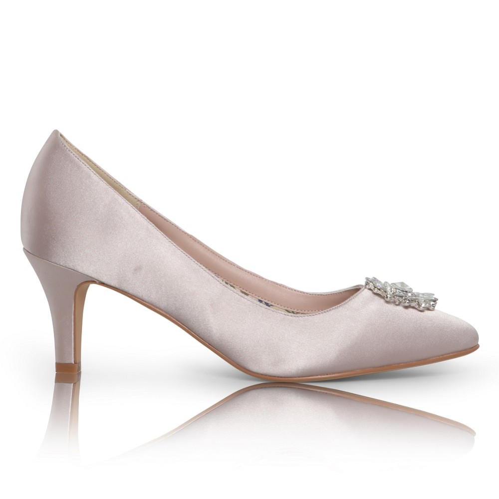 Photograph of Perfect Bridal Katrin Taupe Satin Mid Heel Court Shoes with Crystal Trim