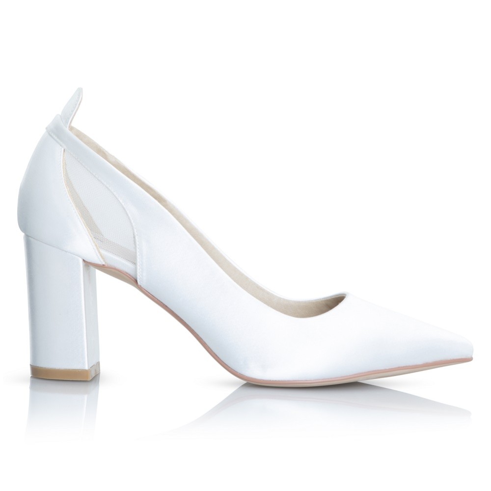 Photograph: Perfect Bridal Layla Dyeable Ivory Satin and Mesh Pointed Block Heel Courts