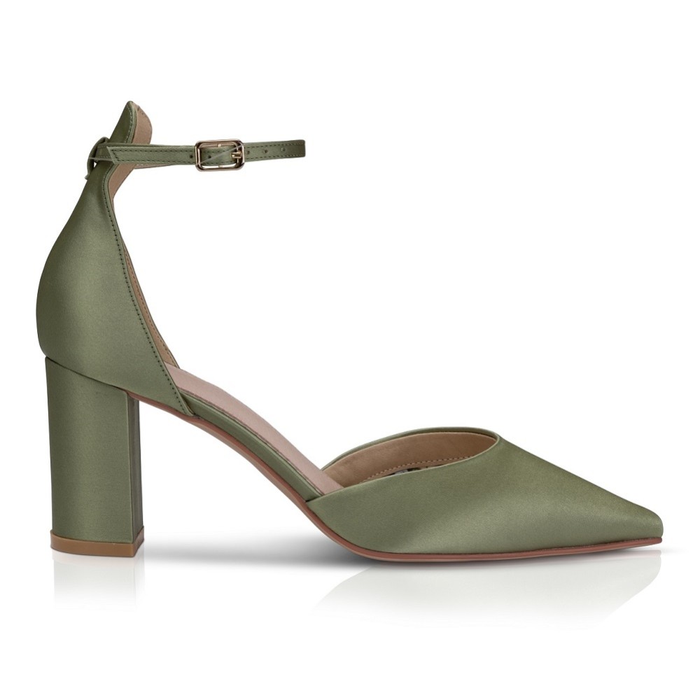 Photograph of Perfect Bridal Liberty Olive Green Satin Block Heel Ankle Strap Court Shoes