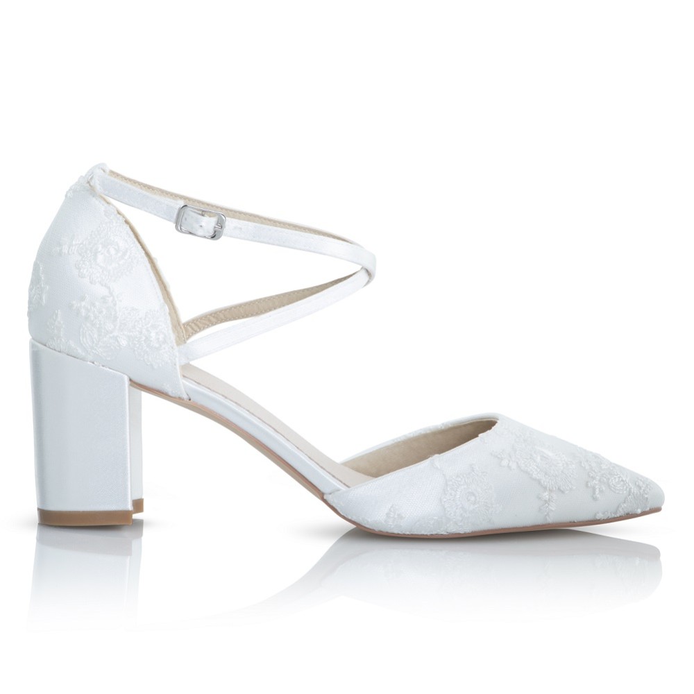 Photograph of Perfect Bridal Maisie Dyeable Ivory Lace Block Heel Cross Strap Court Shoes