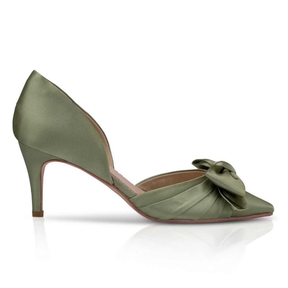 Photograph of Perfect Bridal Margo Olive Green Satin Mid Heel Bow Court Shoes