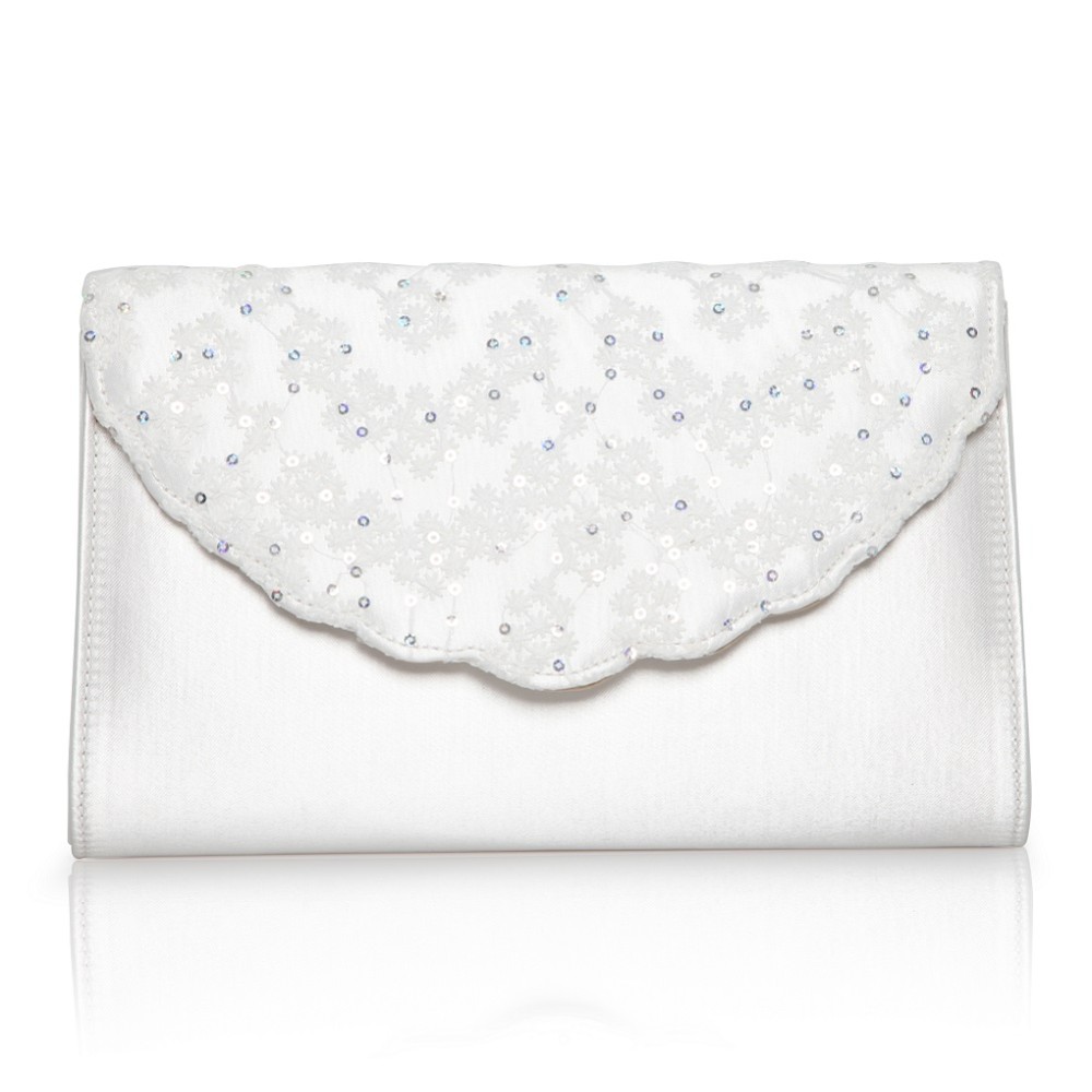 Photograph of Perfect Bridal Nutmeg Dyeable Ivory Satin and Sequin Lace Clutch Bag