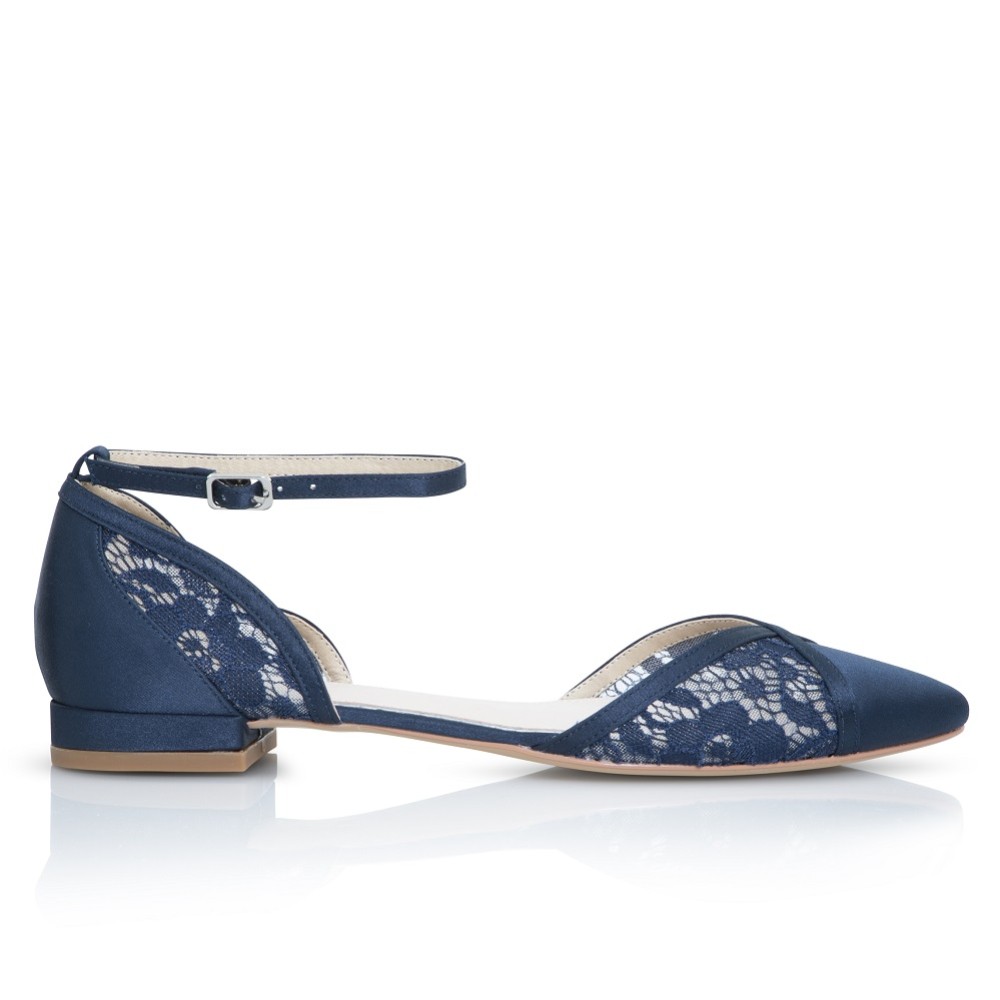 Photograph of Perfect Bridal Penny Navy Satin and Lace Ankle Strap Flats