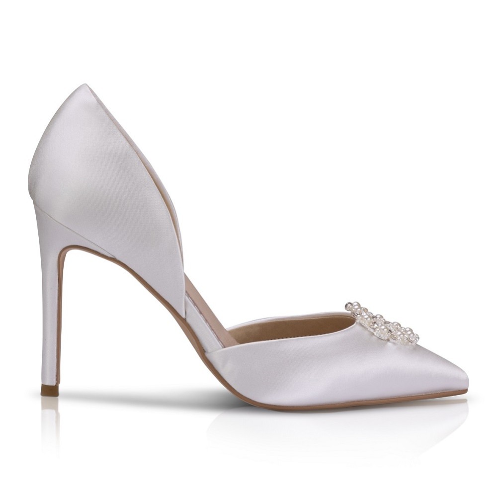 Photograph of Perfect Bridal Pippa Dyeable Ivory Satin Pearl Brooch High Heel Court Shoes