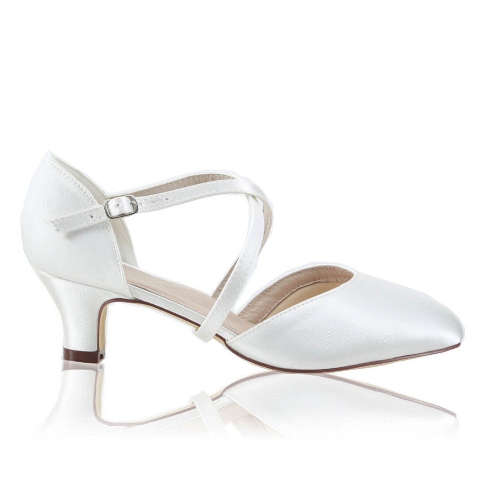 Photograph of Perfect Bridal Renate Dyeable Ivory Satin Low Heel Courts with Crossover Straps (Wide Fit)