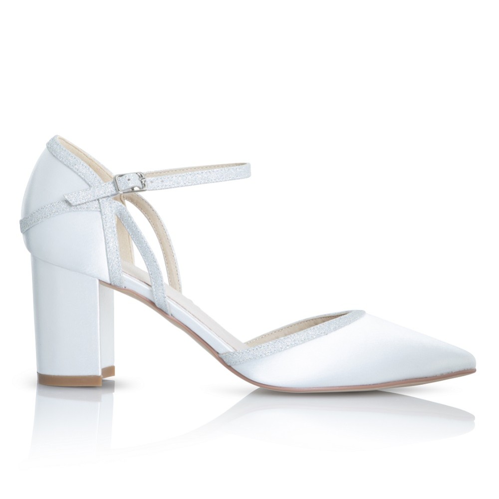 Photograph of Perfect Bridal Robyn Dyeable Ivory Satin and Silver Glitter Block Heel Court Shoes