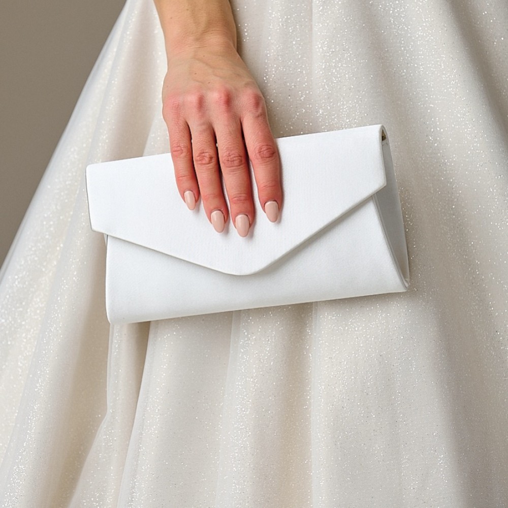 Photograph of Perfect Bridal Simone Dyeable Ivory Satin Pearl Brooch Envelope Clutch Bag