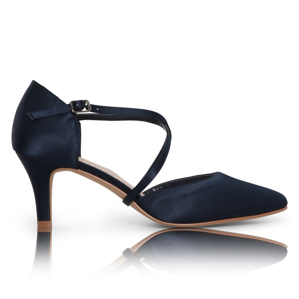 Photograph of Perfect Bridal Sonya Navy Satin Mid Heel Courts with Crossover Straps