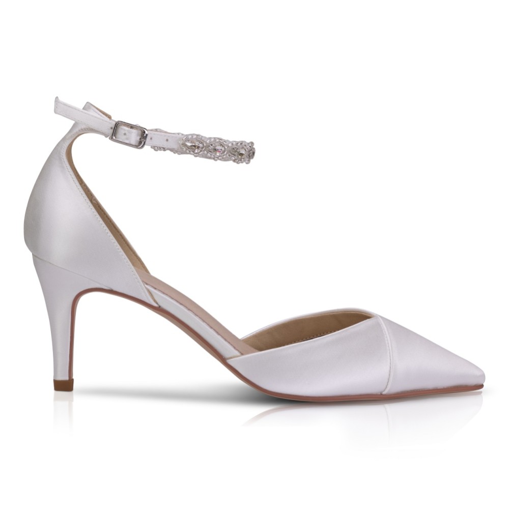 Photograph of Perfect Bridal Summer Dyeable Ivory Satin Crystal Ankle Strap Court Shoes