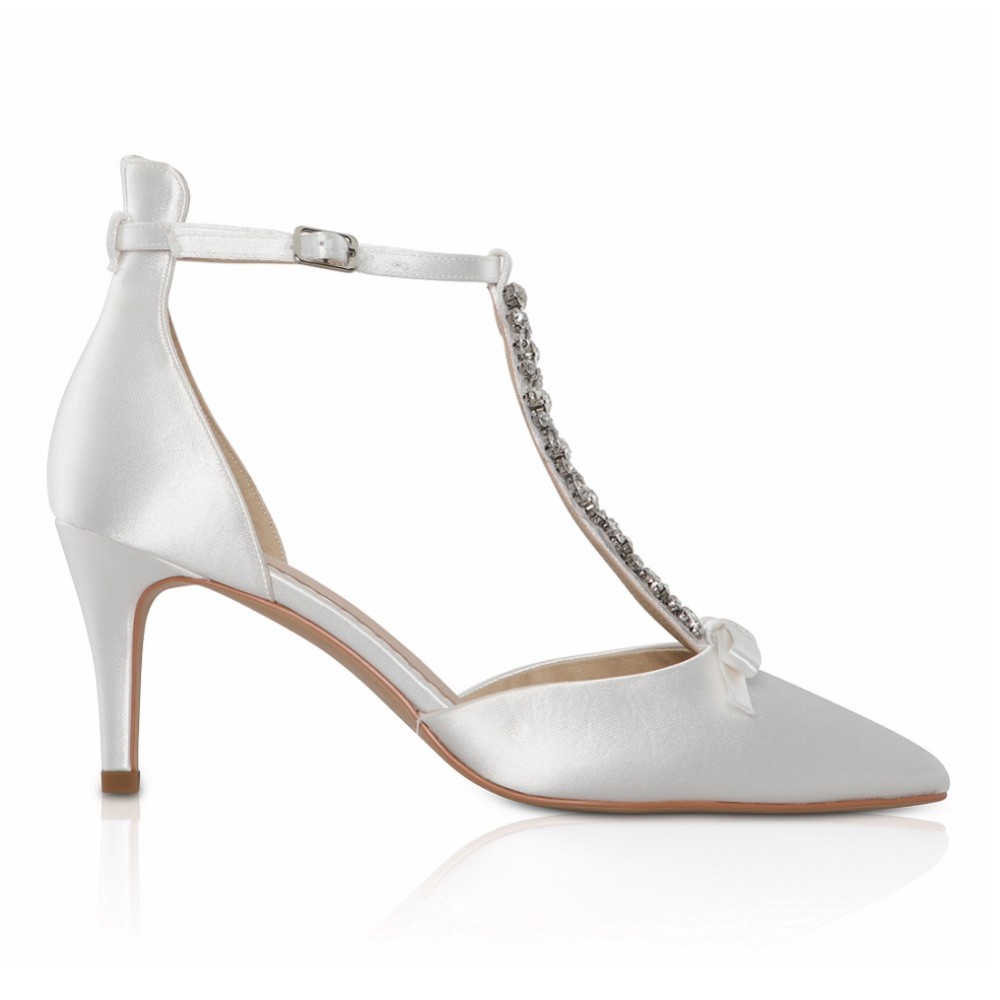 Photograph of Perfect Bridal Xanthe Dyeable Ivory Satin Crystal T-Bar Shoes with Bow Detail