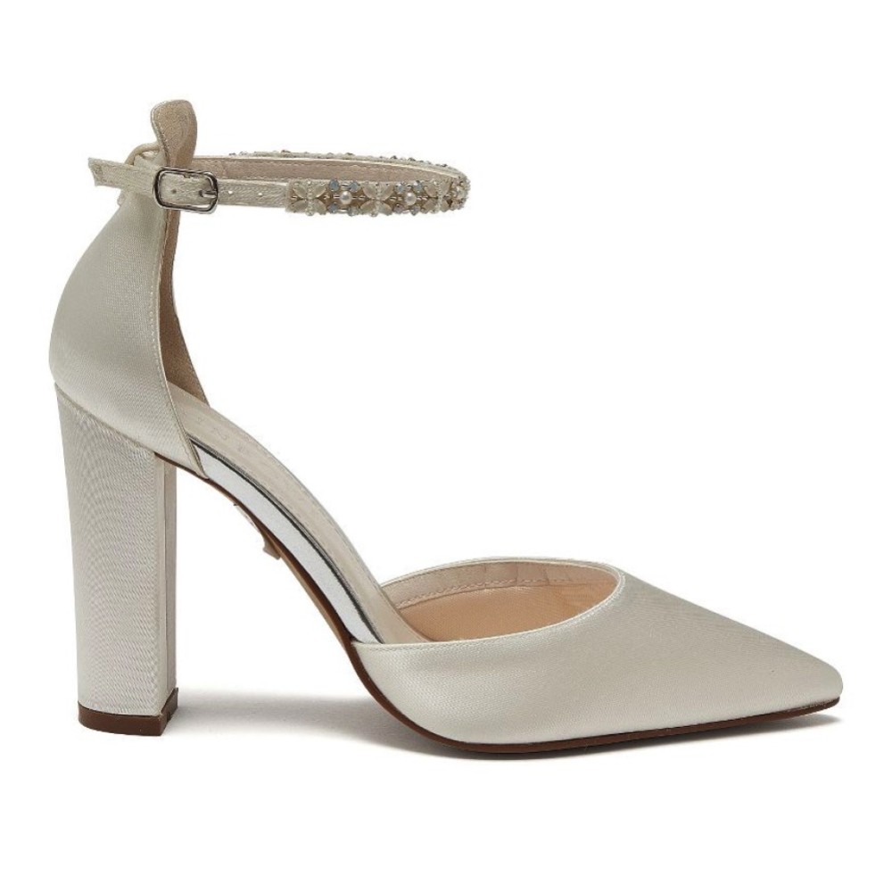 Photograph of Rainbow Club Amelie Dyeable Ivory Satin Beaded Ankle Strap Block Heels