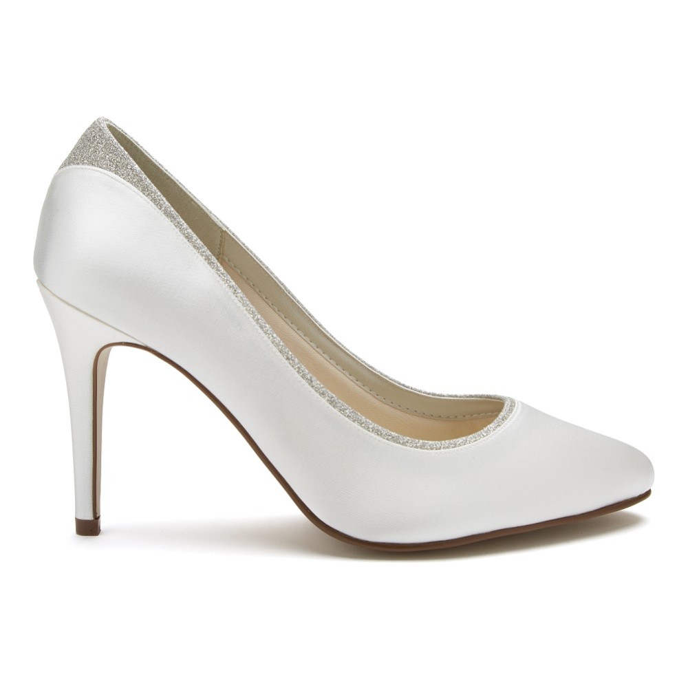 Photograph of Rainbow Club Billie Dyeable Ivory Satin and Silver Glitter Court Shoes