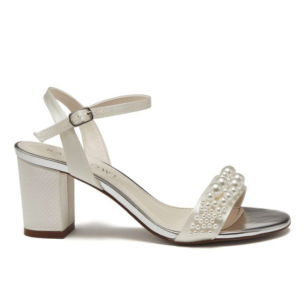 アクセサリー clara Rainbow Club Clara Mid Ivory Satin Pearl Block Heel Sandals