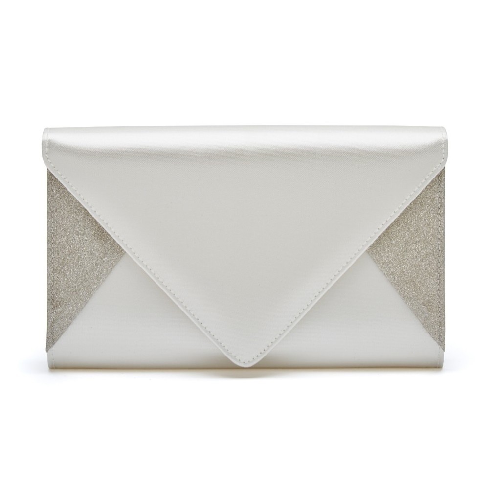 Rainbow Club Diane Dyeable Ivory Satin and Silver Glitter Envelope Clutch Bag