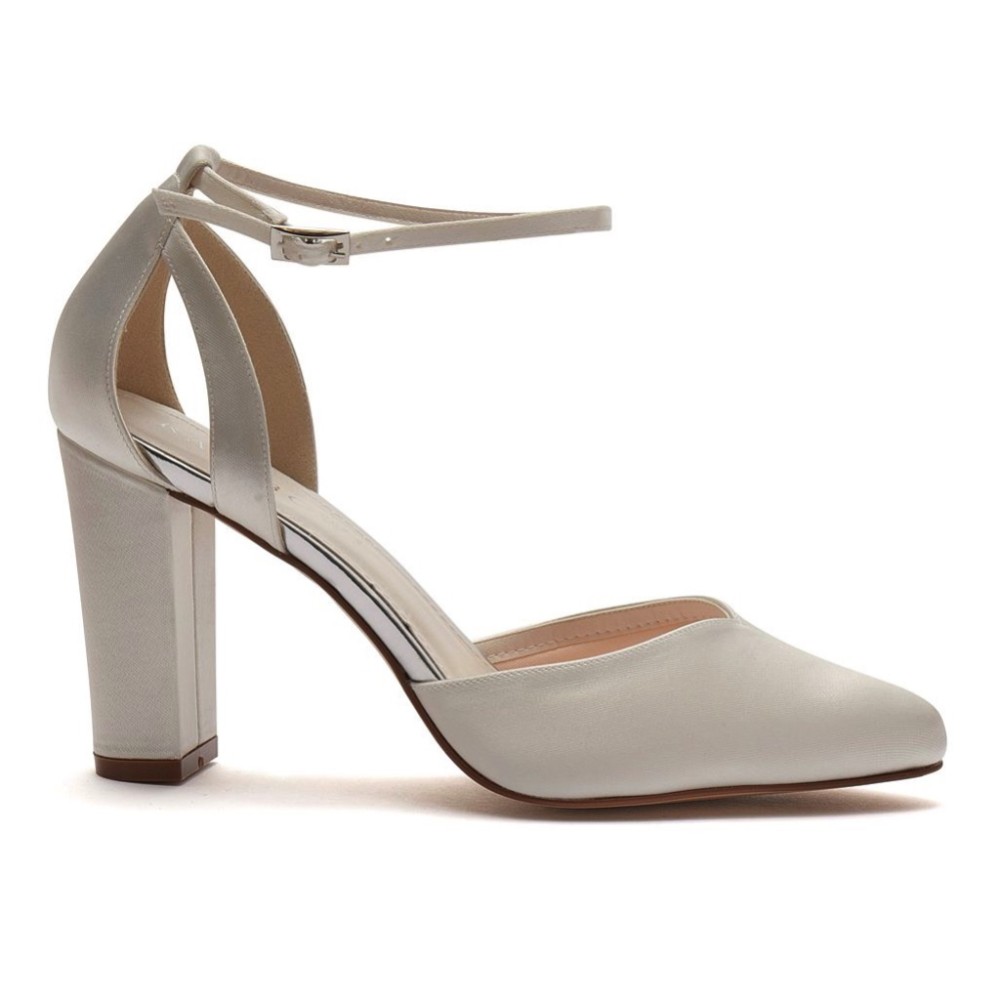 Photograph of Rainbow Club Eve Dyeable Ivory Satin Ankle Strap Block Heels