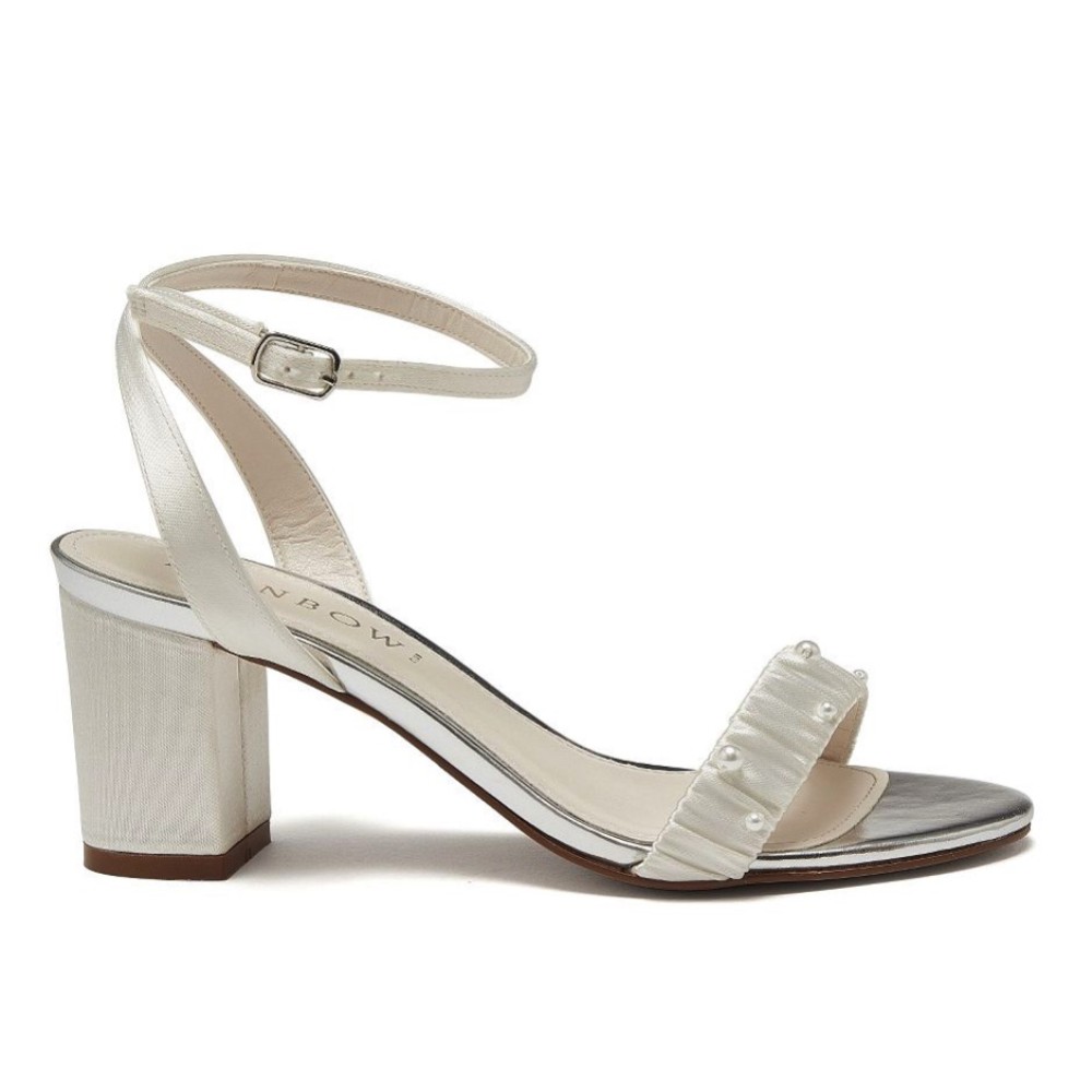 Photograph of Rainbow Club Florence Dyeable Ivory Satin Mid Block Heel Sandals with Pearl Detail