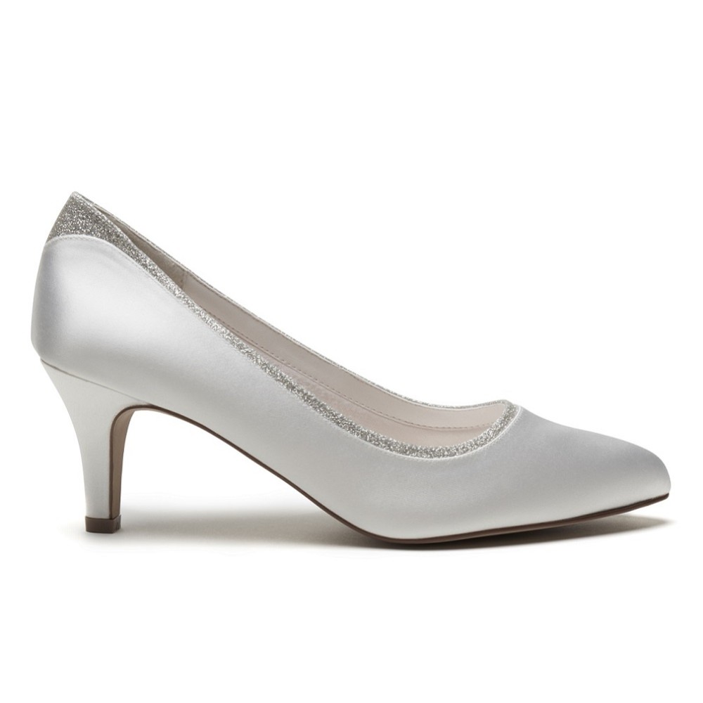 Photograph: Rainbow Club Jara Dyeable Ivory Satin and Silver Glitter Wide Fit Court Shoes