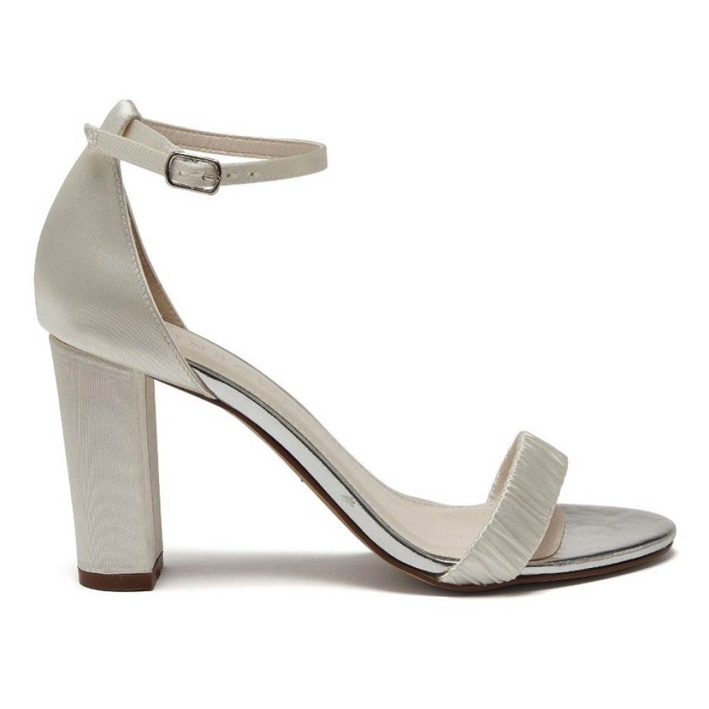 Photograph of Rainbow Club Lois Dyeable Ivory Satin Block Heel Sandals with Ruched Detail