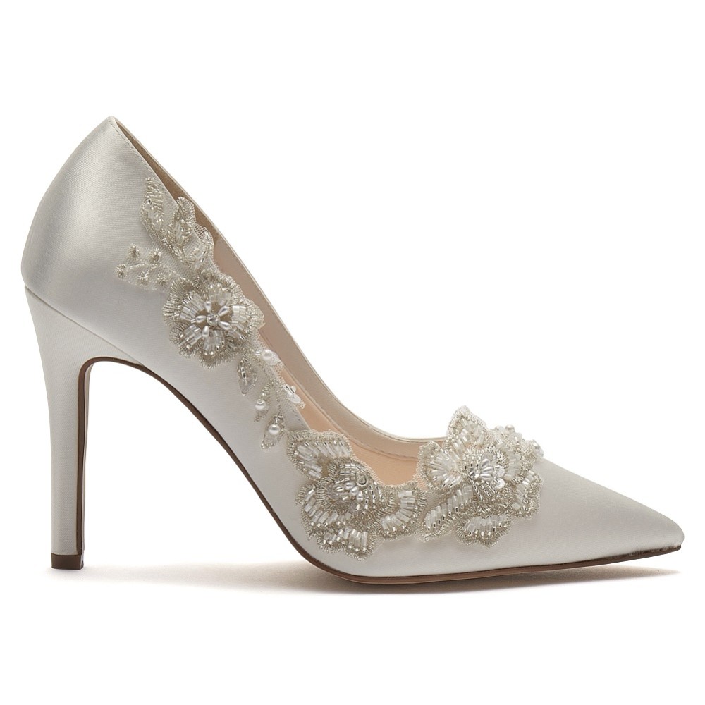 Photograph of Rainbow Club Ophelia Ivory Satin Embellished Pointed Court Shoes