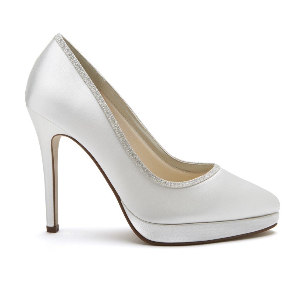 Photograph: Rainbow Club Tallulah Dyeable Ivory Satin and Silver Glitter Platform Shoes